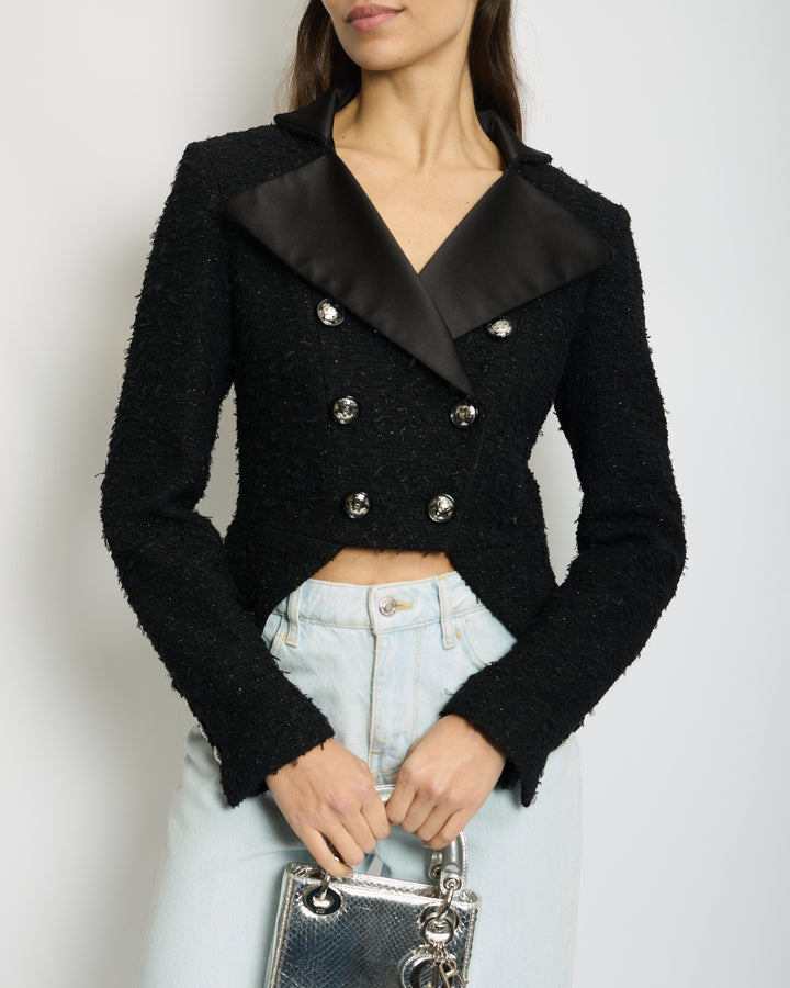 *HOT* Chanel 19K Black Metallic Tweed Cropped Blazer with Satin Collar and Snowflake Buttons Details&nbsp; Size FR 38 (UK 10) RRP ¬£5,800