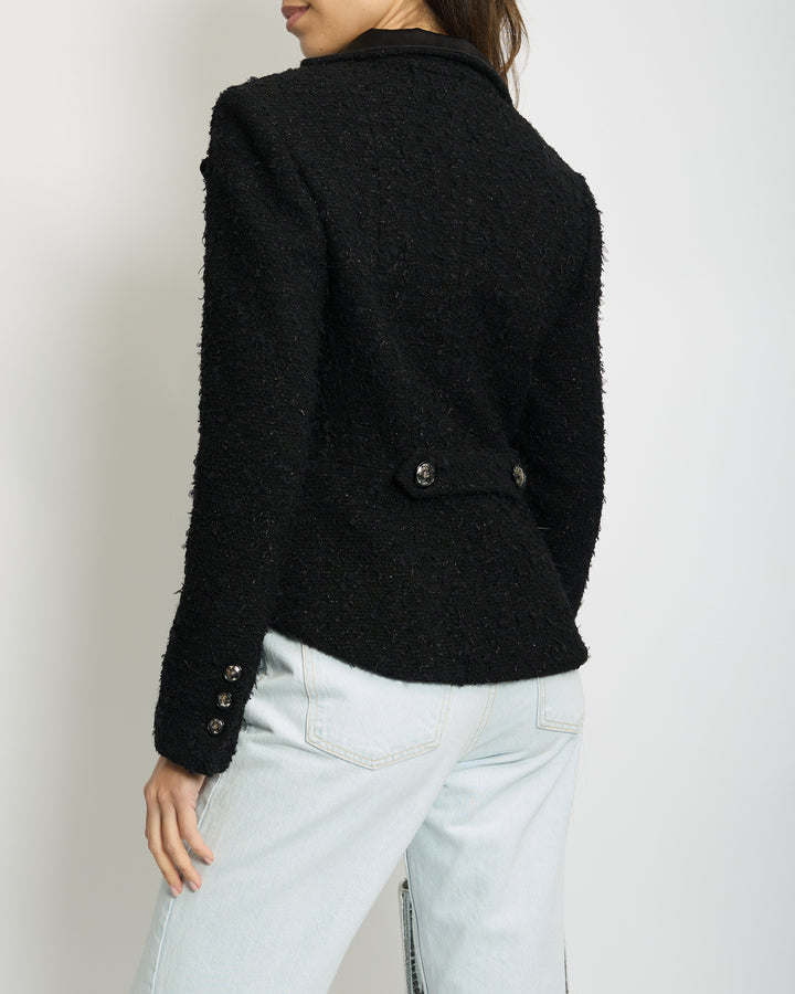 *HOT* Top Quality Chanel 19K Black Metallic Tweed Cropped Blazer with Satin Collar and Snowflake Buttons Details&nbsp; Size FR 38 (UK 10) RRP ¬£5,800