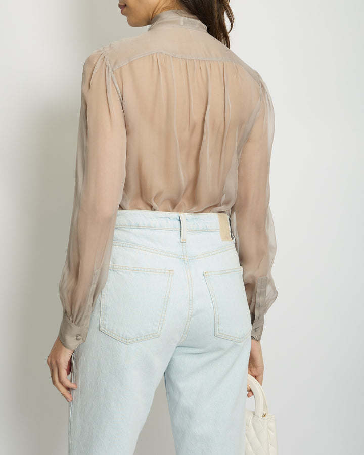 Saint Laurent Dove Grey Silk Button Down Shirt with Neck Tie Detail FR 38 (UK 10)