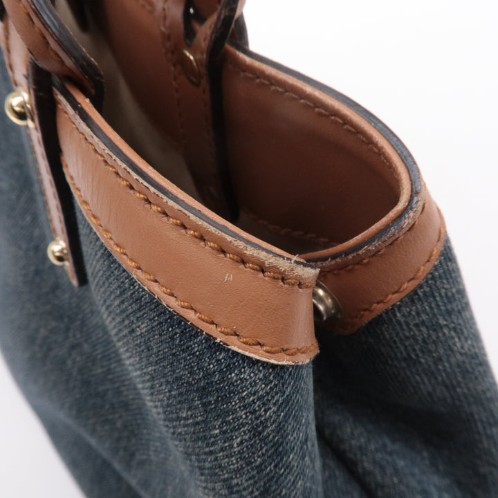 GUCCI Craft Denim Leather Tote Bag Hand Bag Navy Brown 348715