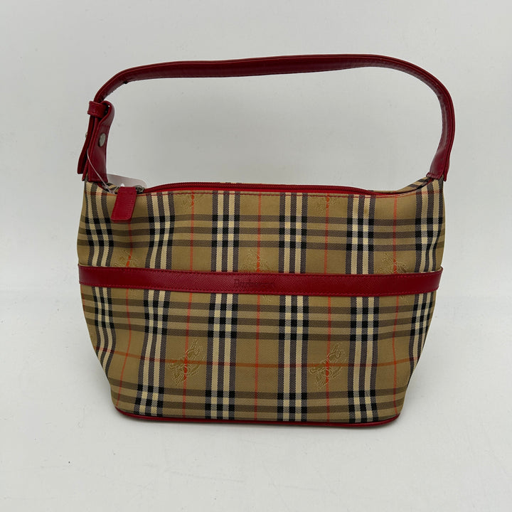 Burberry House Check Beige Red Leather Trim Handbag Medium