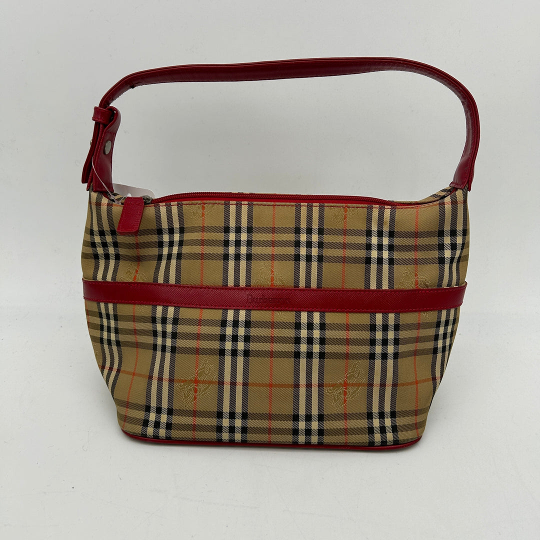 Burberry House Check Beige Red Leather Trim Handbag Medium