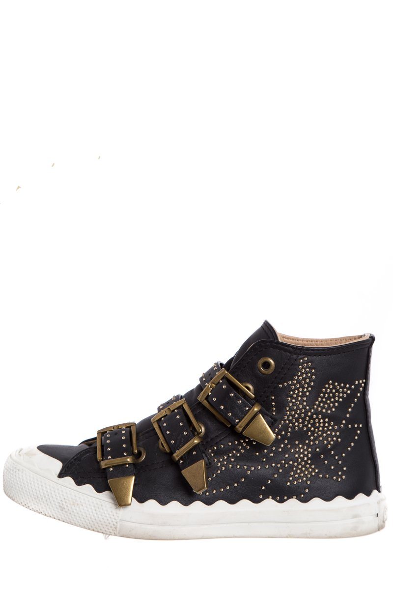 Chloé Black Leather Studded Buckle High-Top Sneakers SZ 37