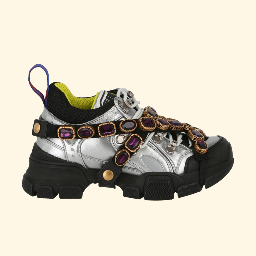 Gucci Flashtrek Chunky Leather Sneakers, Silver, Brand New - ShopShops