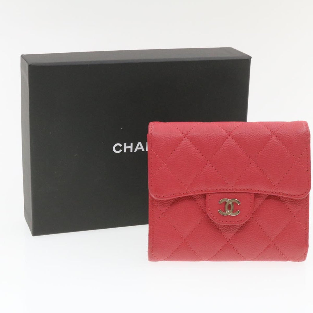 Top Quality Chanel Caviar Skin Matelasse Wallet Pink Red CC Auth 18734A