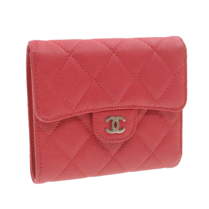 Top Quality Chanel Caviar Skin Matelasse Wallet Pink Red CC Auth 18734A