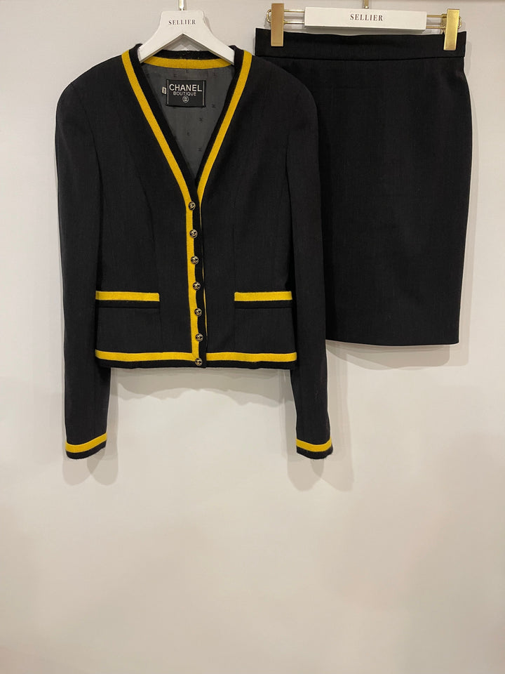 *HOT* Top Quality Chanel 1994 Vintage Black and Yellow Wool Jacket & Midi Skirt Set with CC Logo Button Details Size FR 40 (UK 12)
