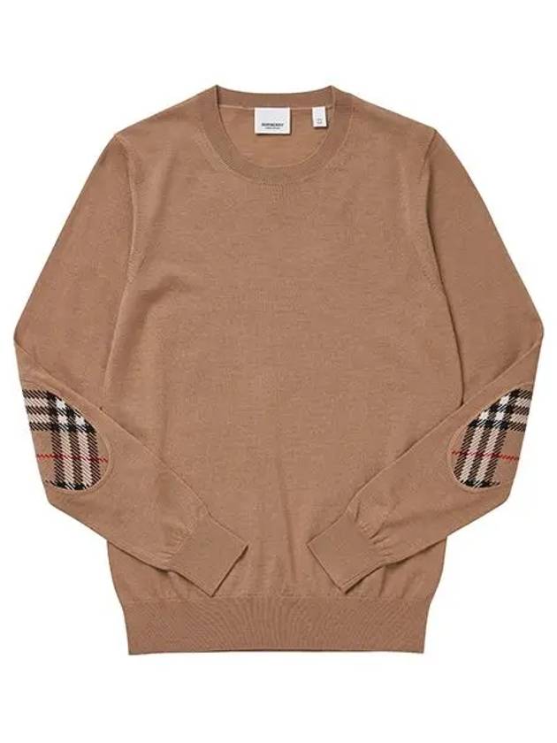 Burberry Check Patch Crew Neck Wool Knit Top Beige