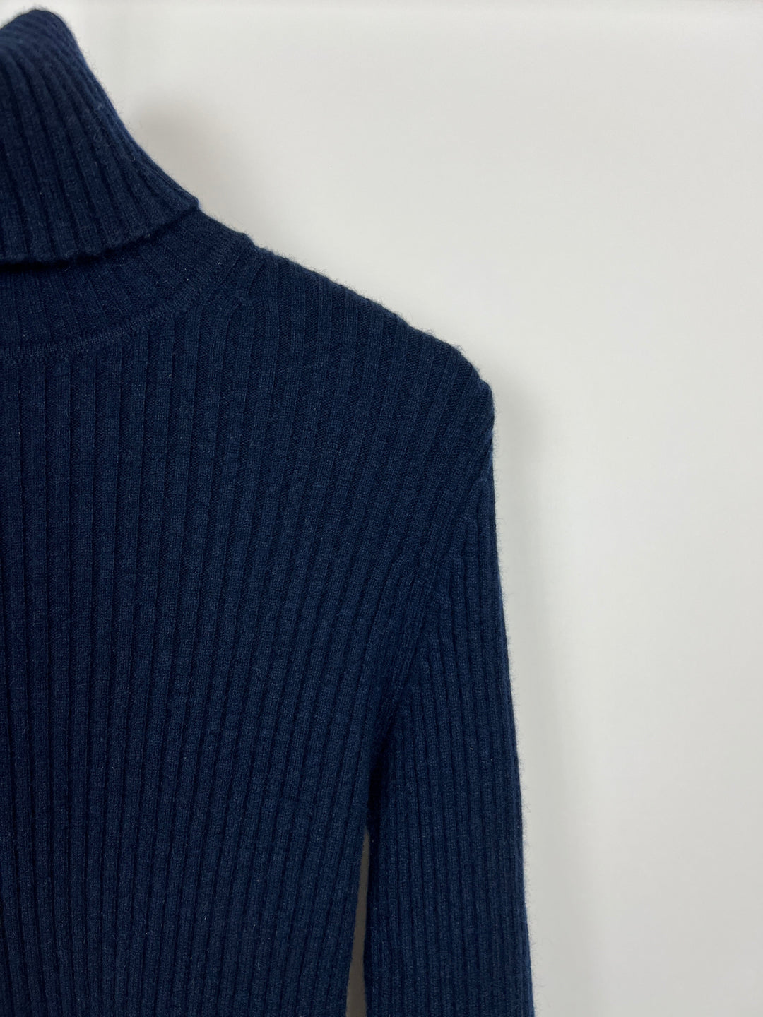Top Quality Chanel Navy Ribbed Cashmere Roll Neck Long Sleeve Jumper with CC Logo Detail FR 36 (UK 8)