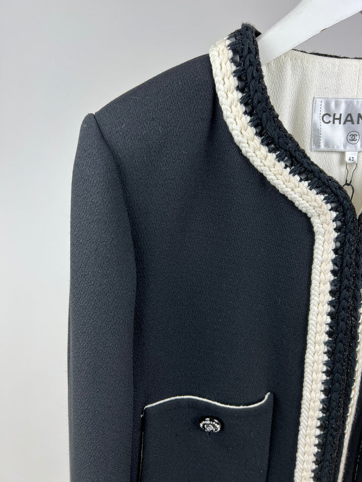 *SUPER HOT* Top Quality Chanel 22C Black, White Metallic Tweed Trim Silk Jacket and Wide-Leg Trouser Set with Crystal CC Logo Detail Size FR 42-44 (UK 14-16) Jacket RRP ¬£5,420