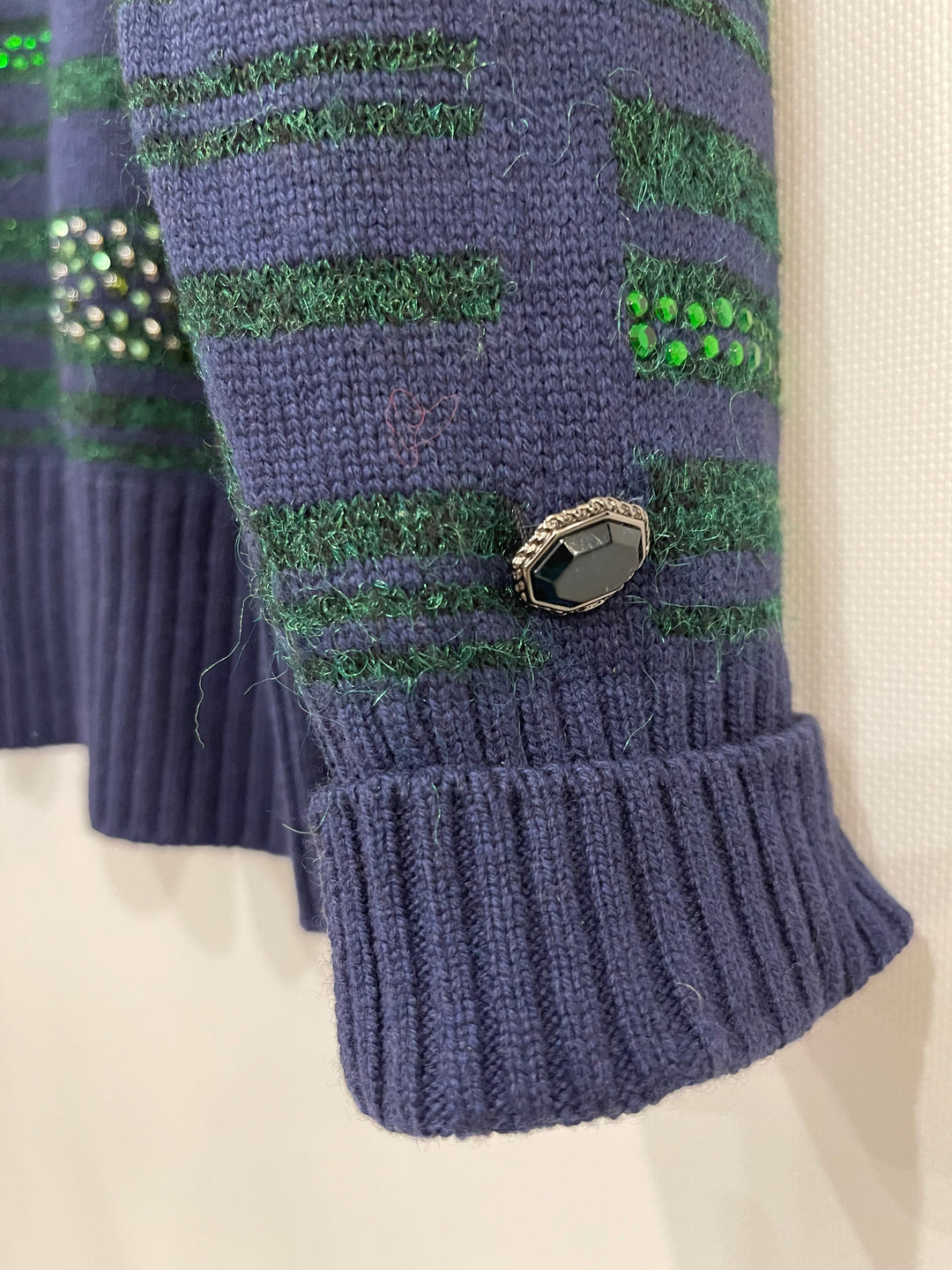 Top Quality Chanel Navy Cashmere Long-Sleeve Jumper with Green Sequin Embellishments Size FR 36 (UK 8)