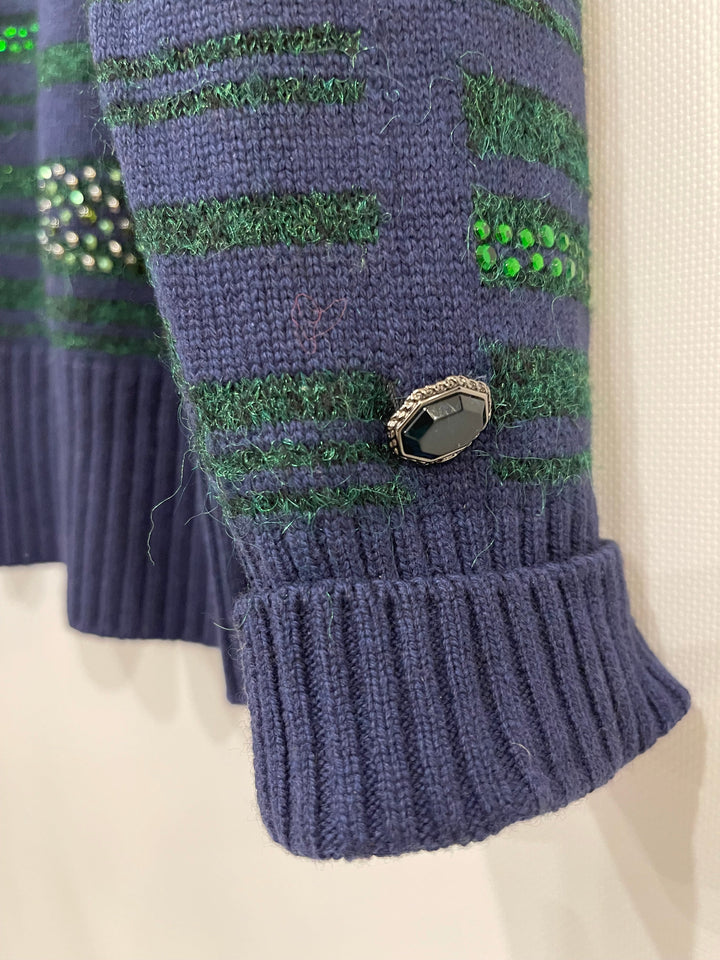 Top Quality Chanel Navy Cashmere Long-Sleeve Jumper with Green Sequin Embellishments Size FR 36 (UK 8)
