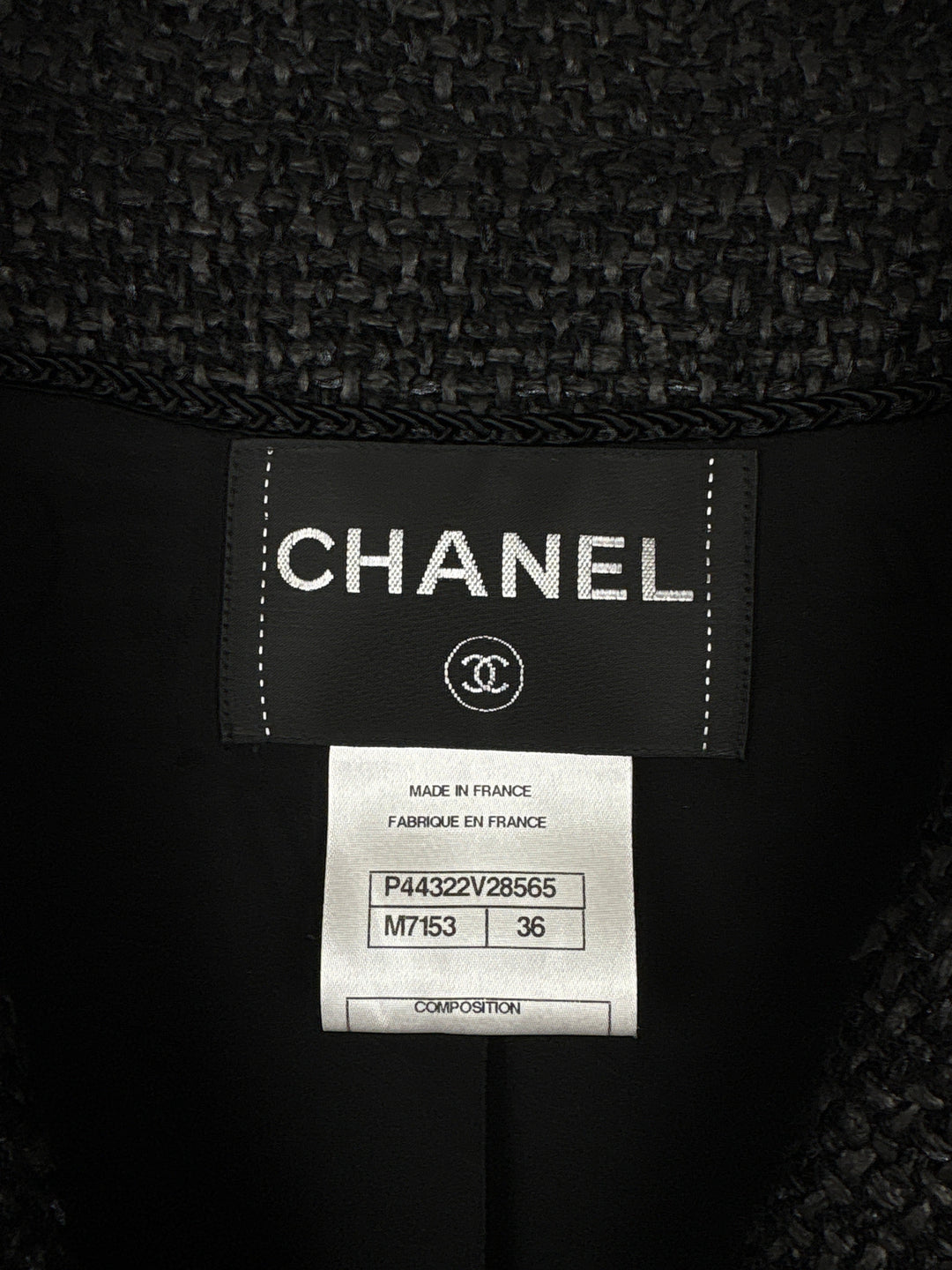 Top Quality Chanel Black Coated Tweed Curved Hem Jacket with Silver CC Button Detail FR 36 (UK 8)