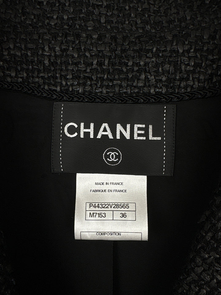 Top Quality Chanel Black Coated Tweed Curved Hem Jacket with Silver CC Button Detail FR 36 (UK 8)