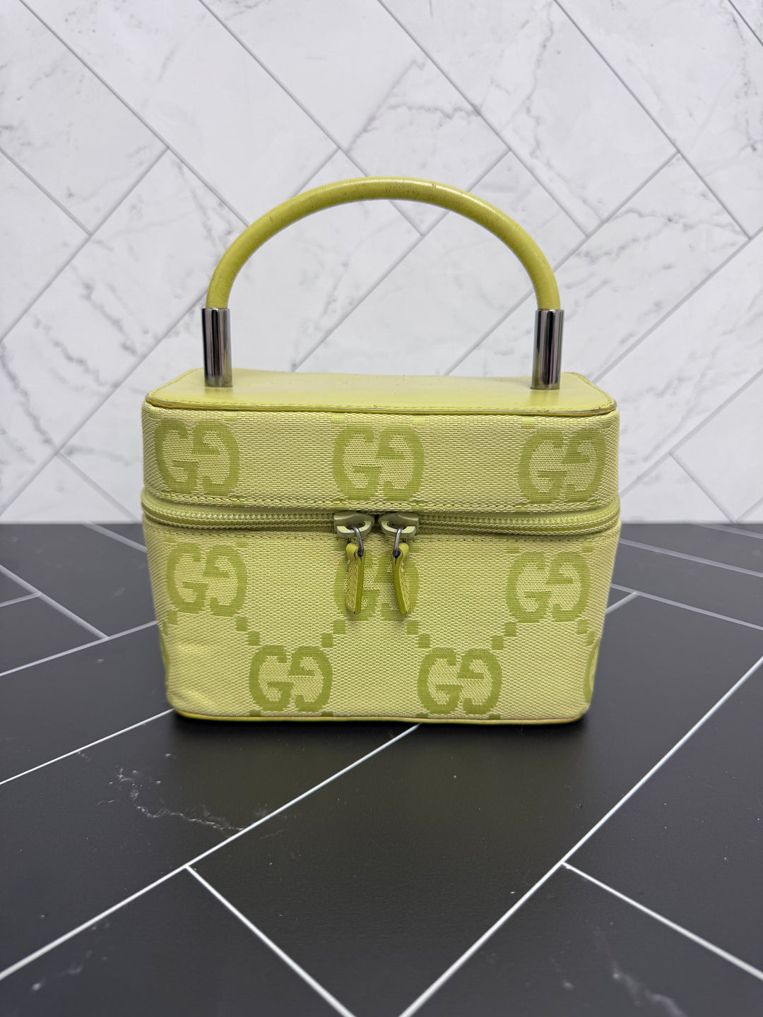 Gucci Green Canvas Top Handle Vanity Bag