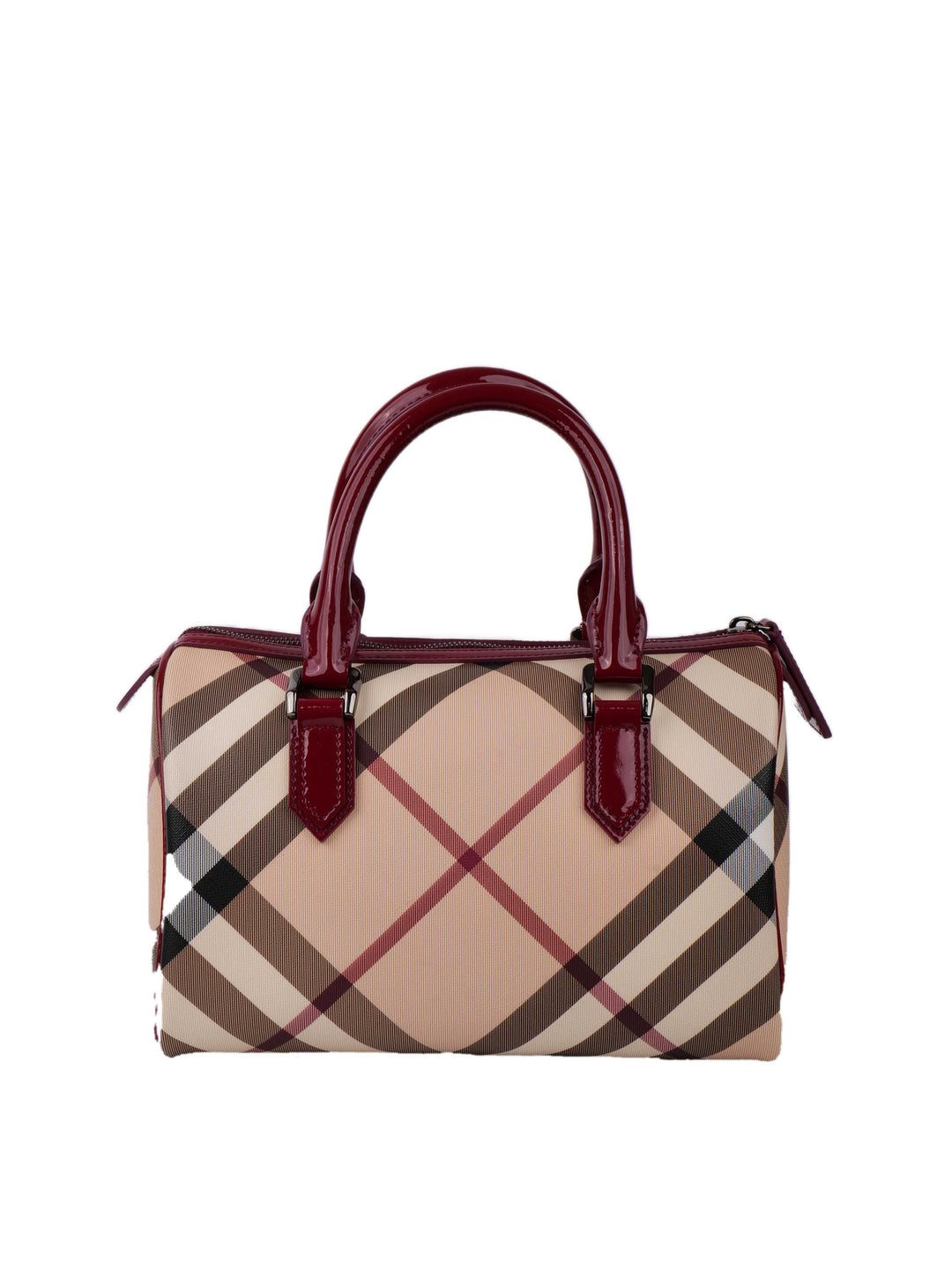 Burberry Haymarket Boston Bag with Dark Red Patent Trim.