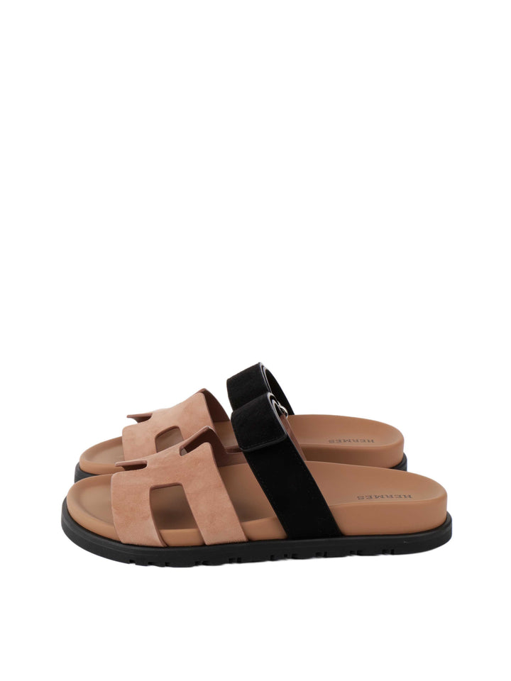 Hermes Chypre Sandals in Suede Rose Perle Noir 37.5.