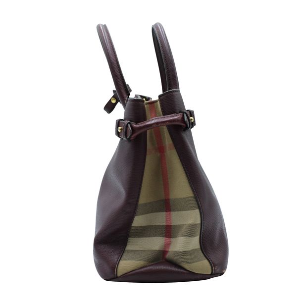 BURBERRY Dark Purple Grained Leather Tote - Checked Pattern On Sides