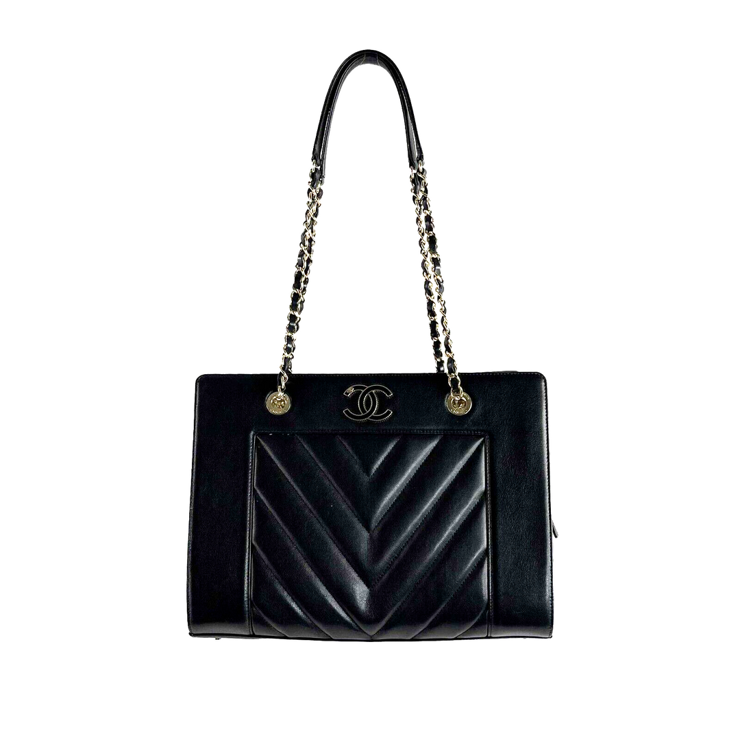 Chanel - Mademoiselle Large Shopping Tote -Black Leather CC Chevron Shoulder Bag