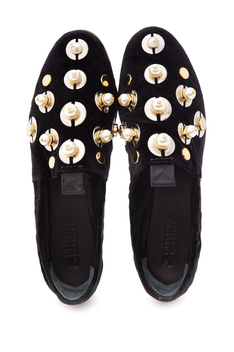 Mercedes Castillo Black Velvet & Pearl Detail Slip On Sneakers SZ 39