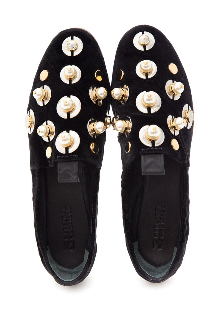Mercedes Castillo Black Velvet & Pearl Detail Slip On Sneakers SZ 39