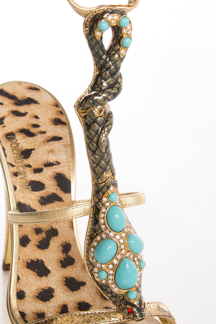 Roberto Cavalli Gold & Multi Cobra Detail Sandals SZ 36