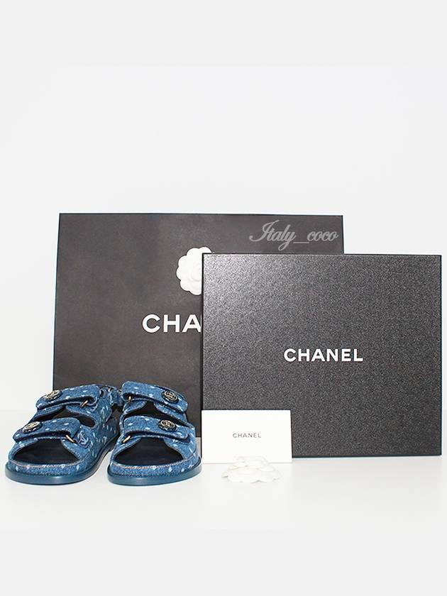 Printed Denim Velcro Sandals Blue Chanel