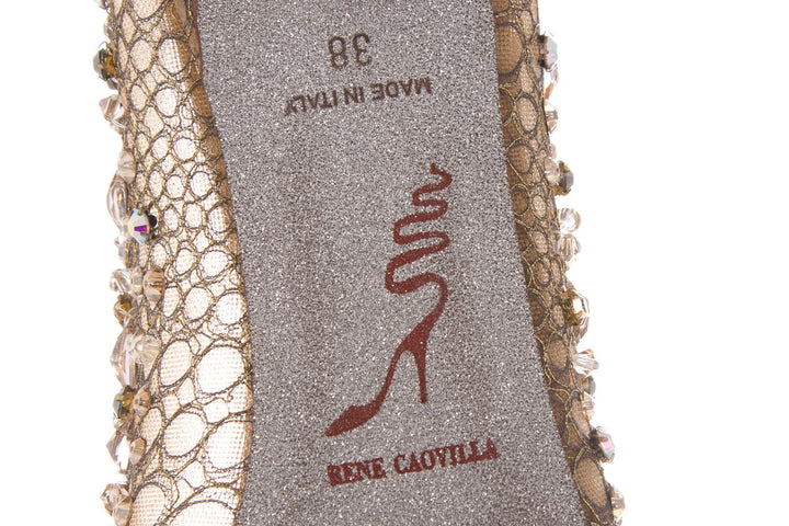 Rene Caovilla Gold Jeweled Lace Heels SZ 38