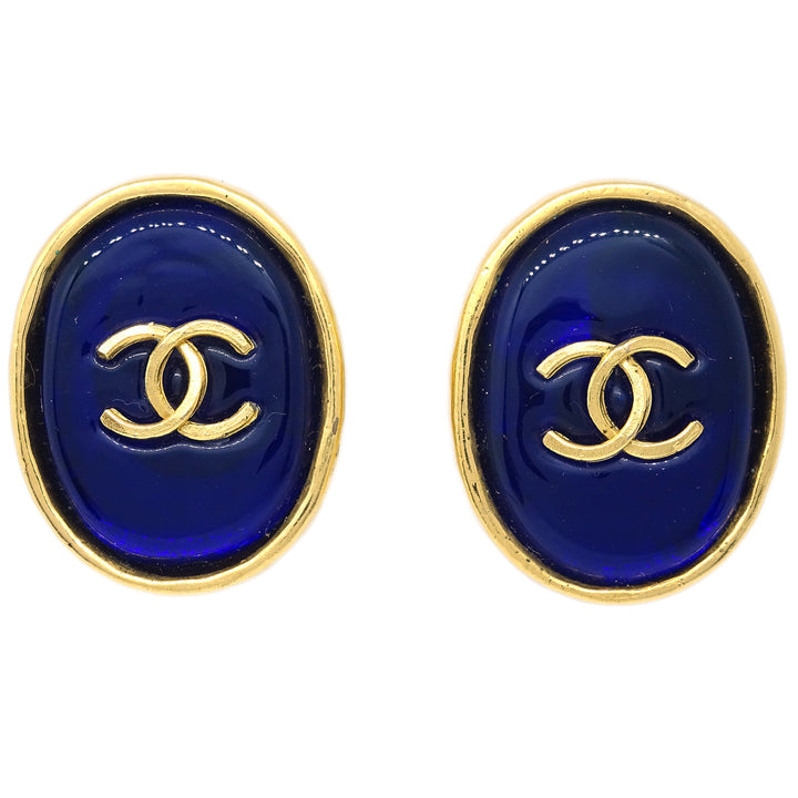 Top Quality Chanel Gripoix Oval Earrings Clip-On Blue 93A