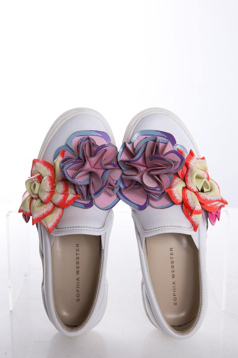 Sophia Webster White Leather Slip-On Floral Accent Sneakers SZ 35