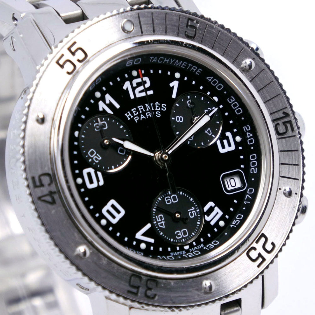 Premium Handmade Hermes Diver's Watch Clipper CL2.310 Stainless Steel Silver Quartz Chronograph Ladies Black Dial