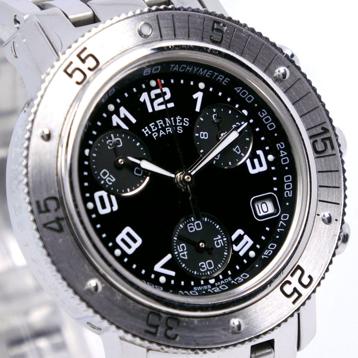 Premium Handmade Hermes Diver's Watch Clipper CL2.310 Stainless Steel Silver Quartz Chronograph Ladies Black Dial