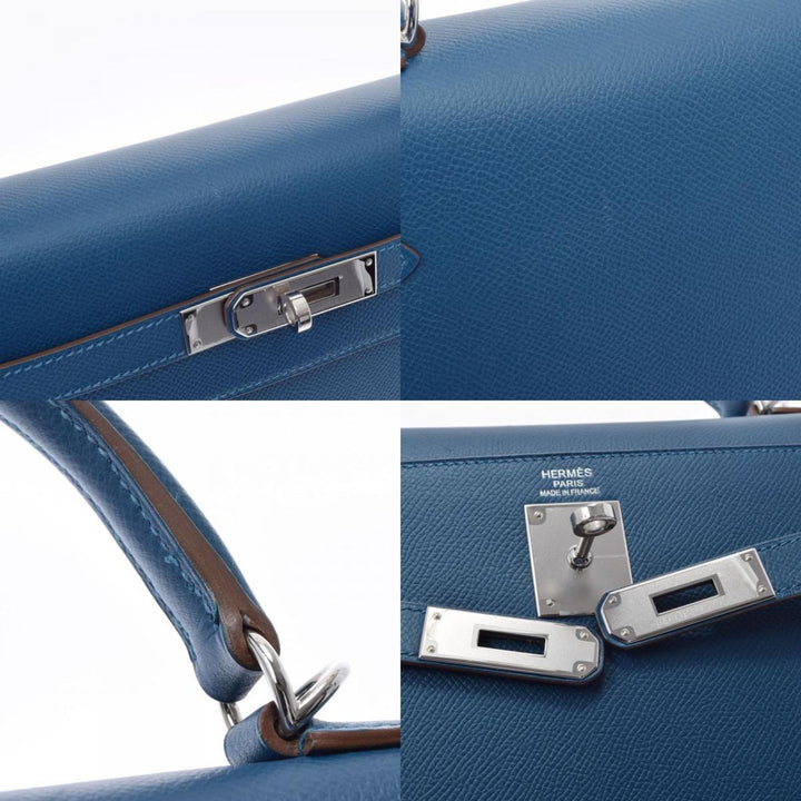 Top quality Hermes Kelly Flag 32 bag outer stitch blue Thalasso white palladium metal fittings  Q engraved (around 2013) Ladies Vaux Epson handbag
