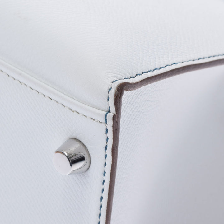 Top quality Hermes Kelly Flag 32 bag outer stitch blue Thalasso white palladium metal fittings  Q engraved (around 2013) Ladies Vaux Epson handbag