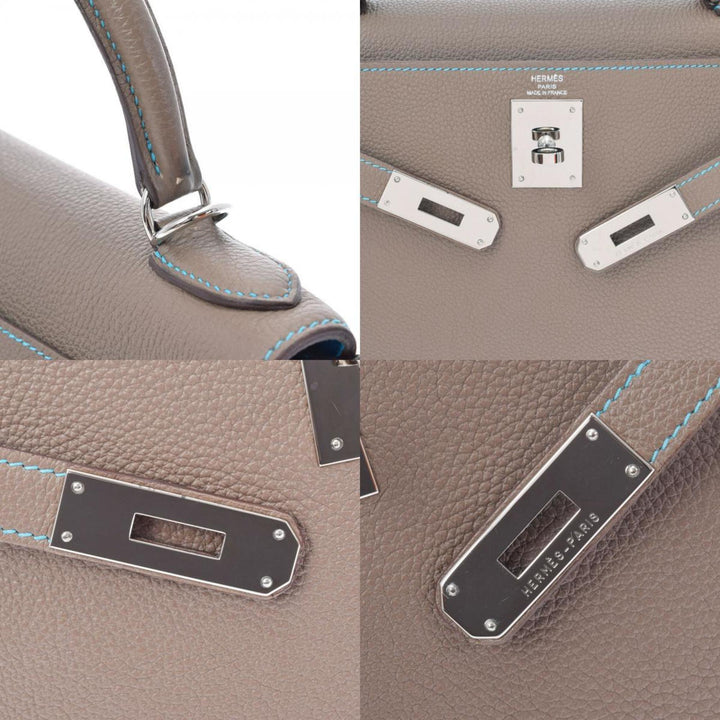 Top quality Hermes Kelly 28 Inseam Etoupe/Blue Aztic Palladium Metal Fittings N Engraved (around 2010) Ladies Togo Bag