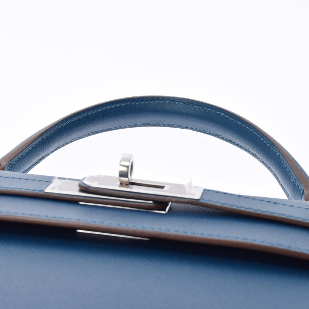 Top quality Hermes Kelly Flag 32 bag outer stitch blue Thalasso white palladium metal fittings  Q engraved (around 2013) Ladies Vaux Epson handbag