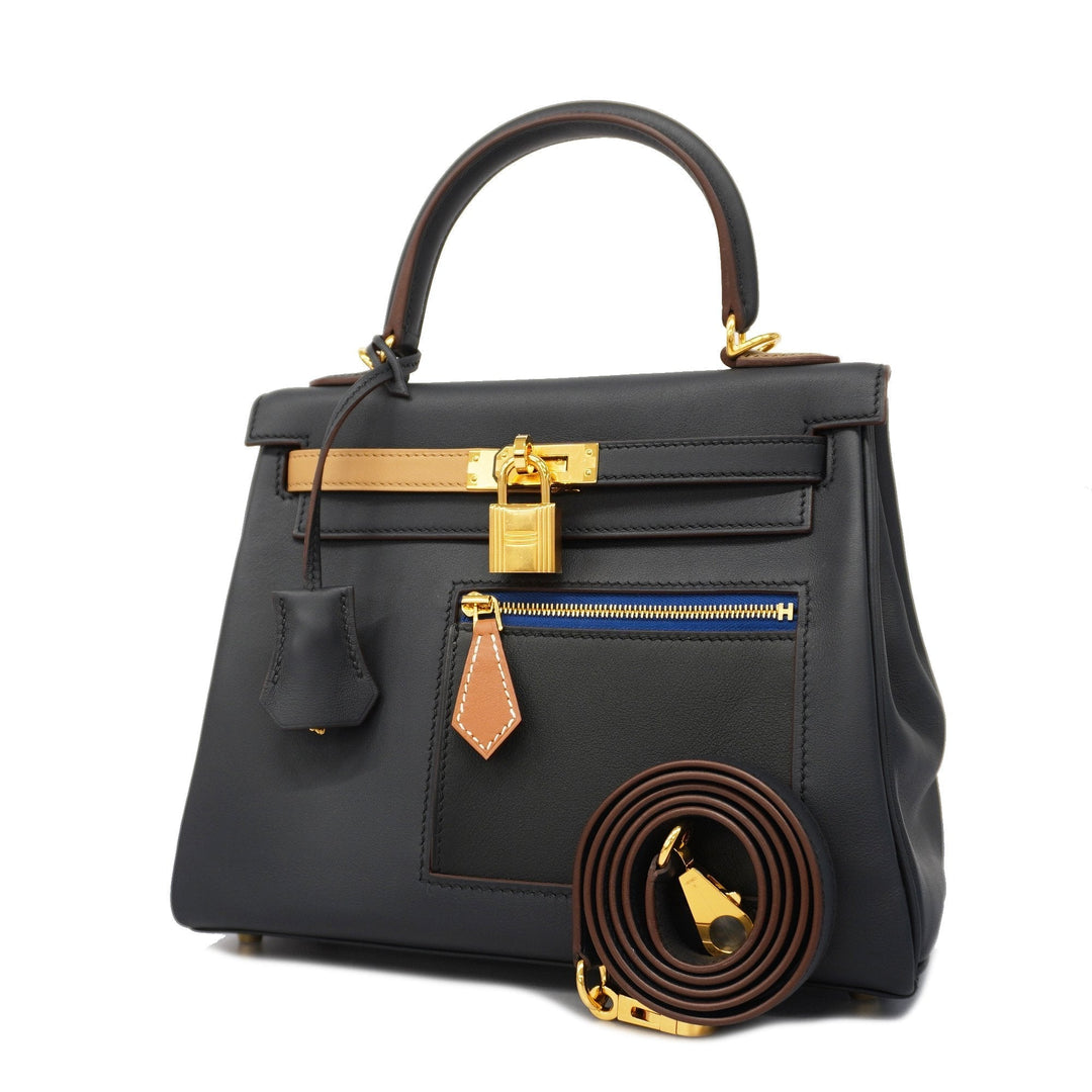 Premium Handmade Hermes 2way Bag Kelly 25 Colormatic U Engraved Swift Blue/Black/Chai/Etoupe/Gold Gold metal
