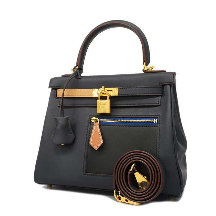 Premium Handmade Hermes 2way Bag Kelly 25 Colormatic U Engraved Swift Blue/Black/Chai/Etoupe/Gold Gold metal
