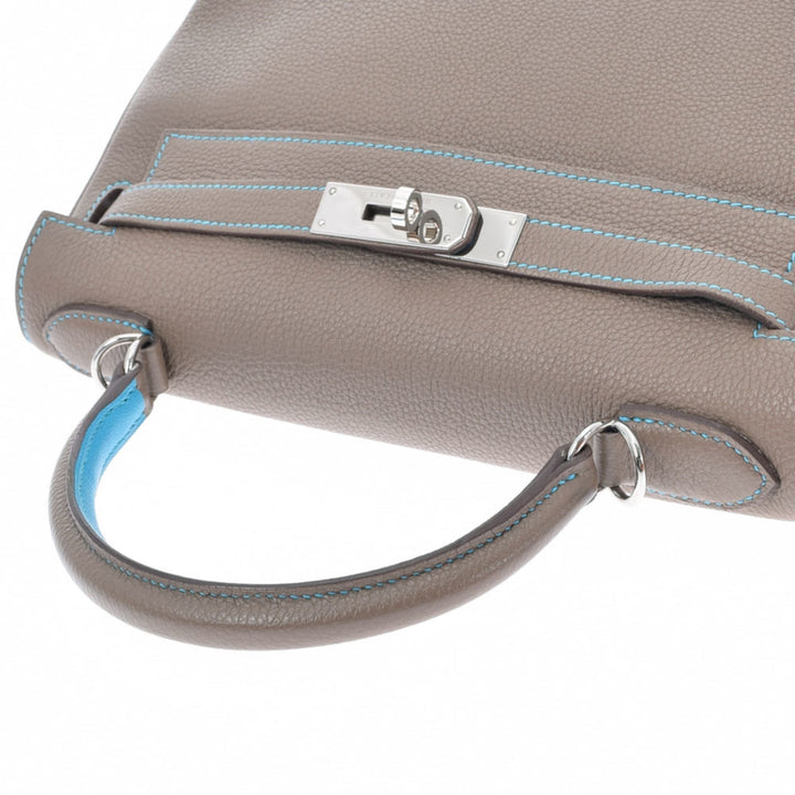Top quality Hermes Kelly 28 Inseam Etoupe/Blue Aztic Palladium Metal Fittings N Engraved (around 2010) Ladies Togo Bag