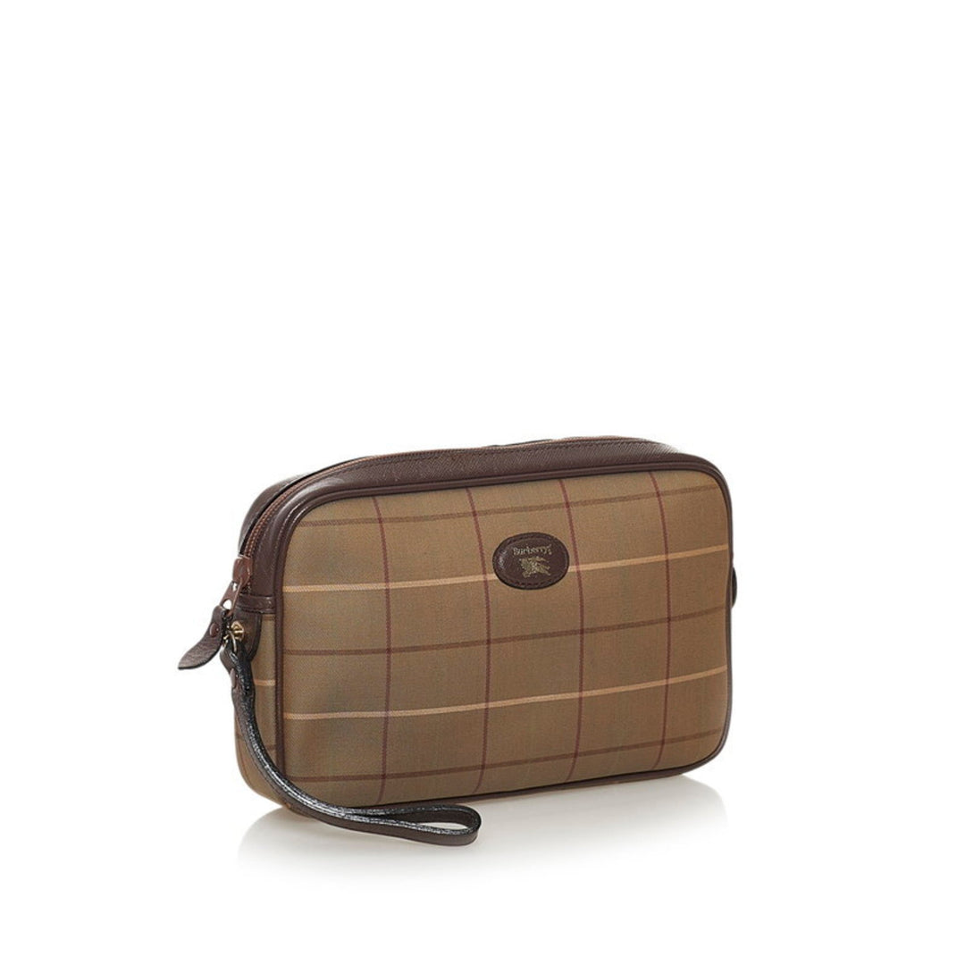 Burberry Check Clutch Bag Second Khaki Brown Canvas Leather Ladies BURBERRY
