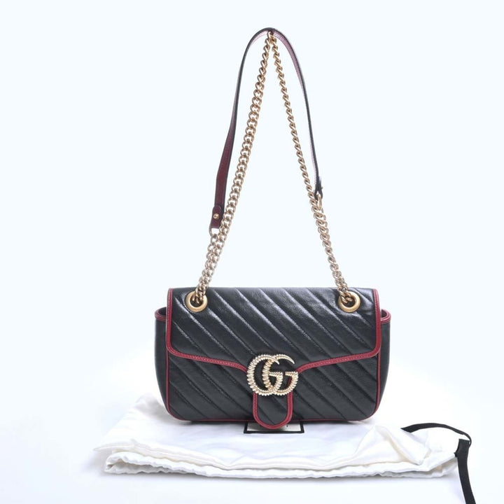 GUCCI GG Marmont Leather Chain Shoulder Bag 443497 Black/Red Women's