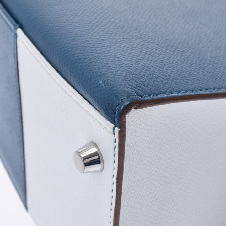 Top quality Hermes Kelly Flag 32 bag outer stitch blue Thalasso white palladium metal fittings  Q engraved (around 2013) Ladies Vaux Epson handbag