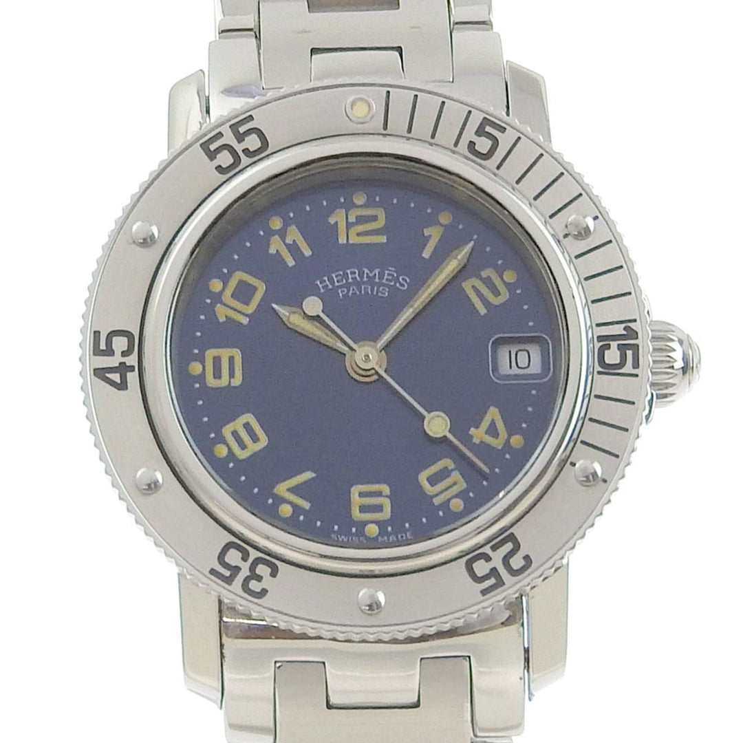 Hermes Clipper Watch Diver CL5.210 Stainless Steel Silver Quartz Analog Display Ladies Navy Dial