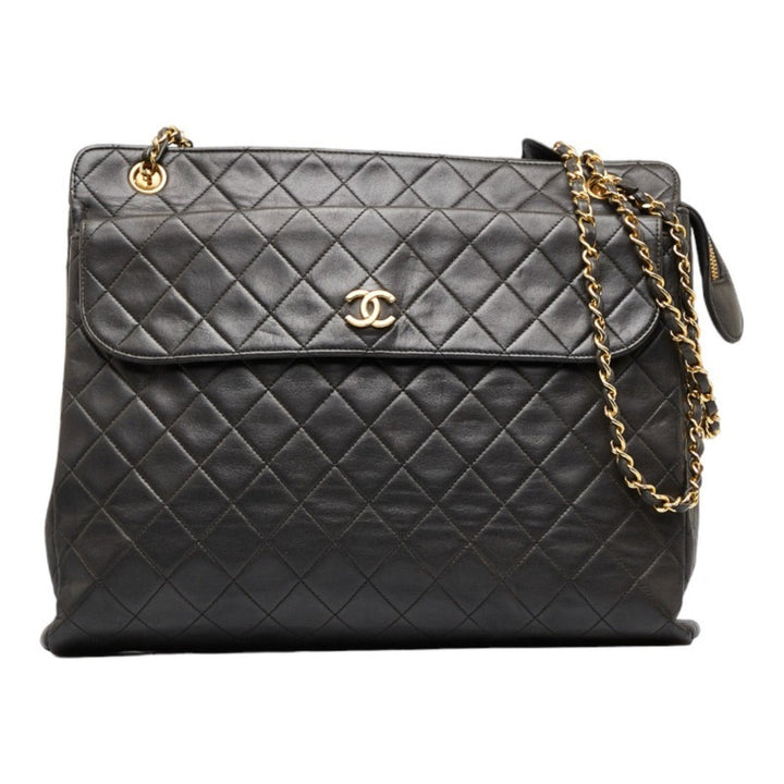 CHANEL matelasse here mark chain shoulder bag tote black gold lambskin ladies