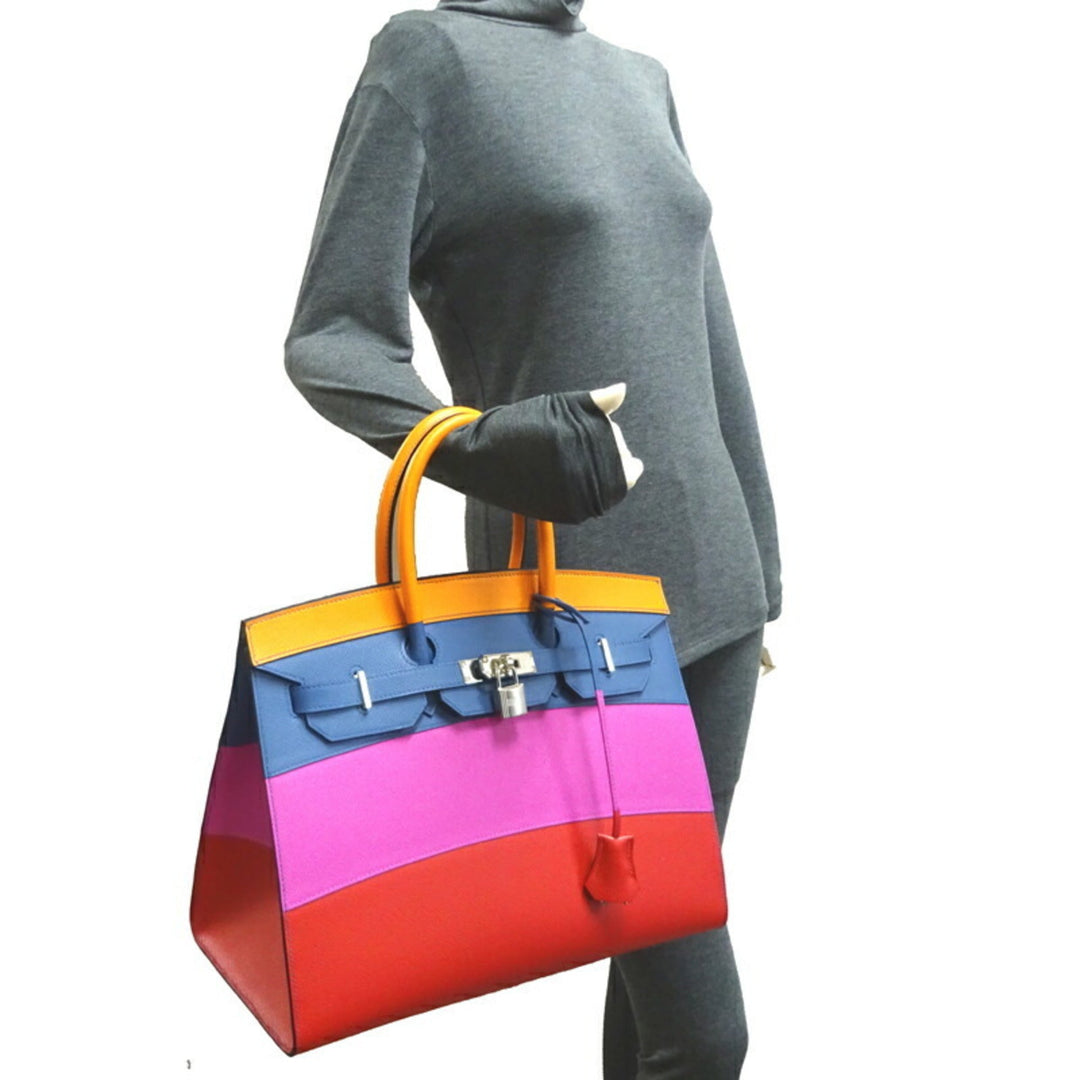 Top quality Hermes Birkin Serie 35 Rainbow Z Engraved Women's Handbag Vaux Epson Apricot / Blue Agate Magnolia x Palladium Hardware