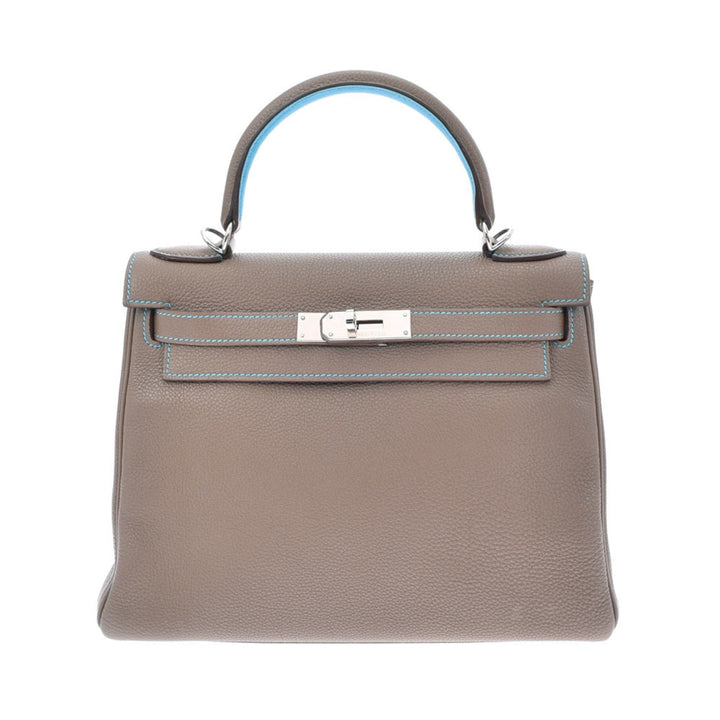Top quality Hermes Kelly 28 Inseam Etoupe/Blue Aztic Palladium Metal Fittings N Engraved (around 2010) Ladies Togo Bag