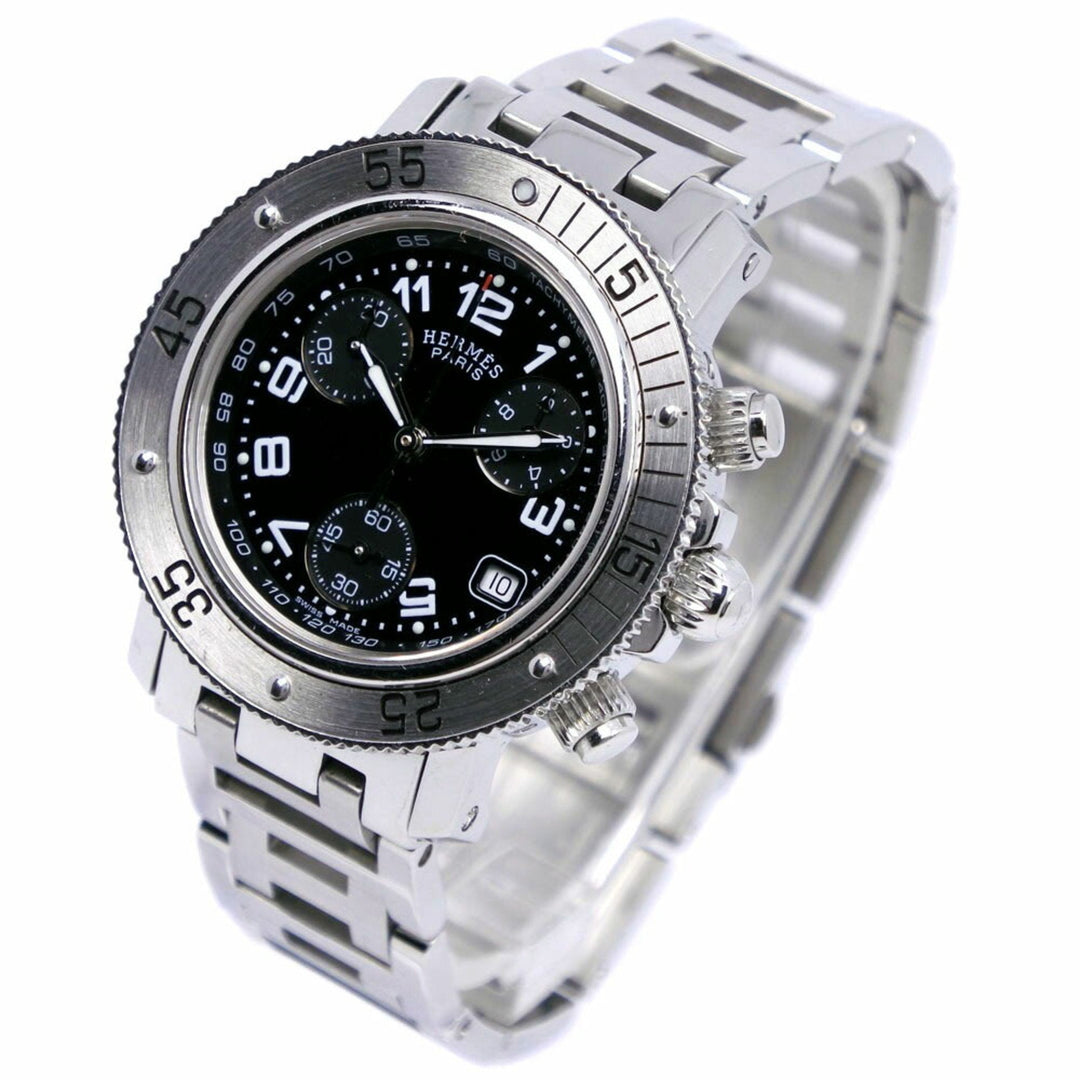 Premium Handmade Hermes Diver's Watch Clipper CL2.310 Stainless Steel Silver Quartz Chronograph Ladies Black Dial