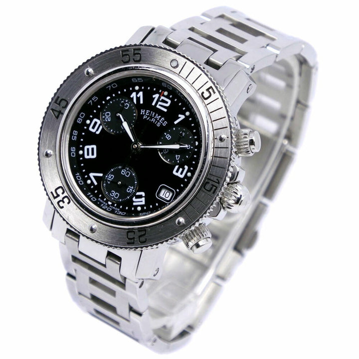 Premium Handmade Hermes Diver's Watch Clipper CL2.310 Stainless Steel Silver Quartz Chronograph Ladies Black Dial