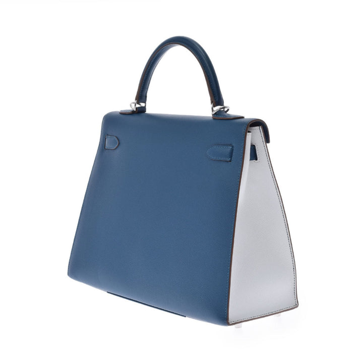 Top quality Hermes Kelly Flag 32 bag outer stitch blue Thalasso white palladium metal fittings  Q engraved (around 2013) Ladies Vaux Epson handbag