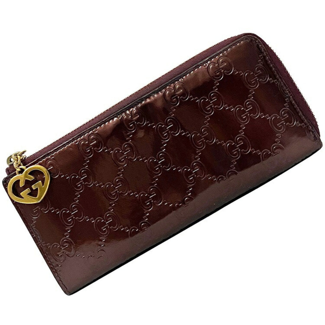Gucci Long Wallet Brown Shima 295671 Patent Leather GUCCI GG Interlocking Heart Enamel Women's Charm